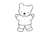 A bear with his arms raised. He wears a sweater and trousers dots.